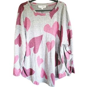 Chelsea & Theodore 3X Sweater Gray Pink Hearts L/S Stretch NWT $58‎